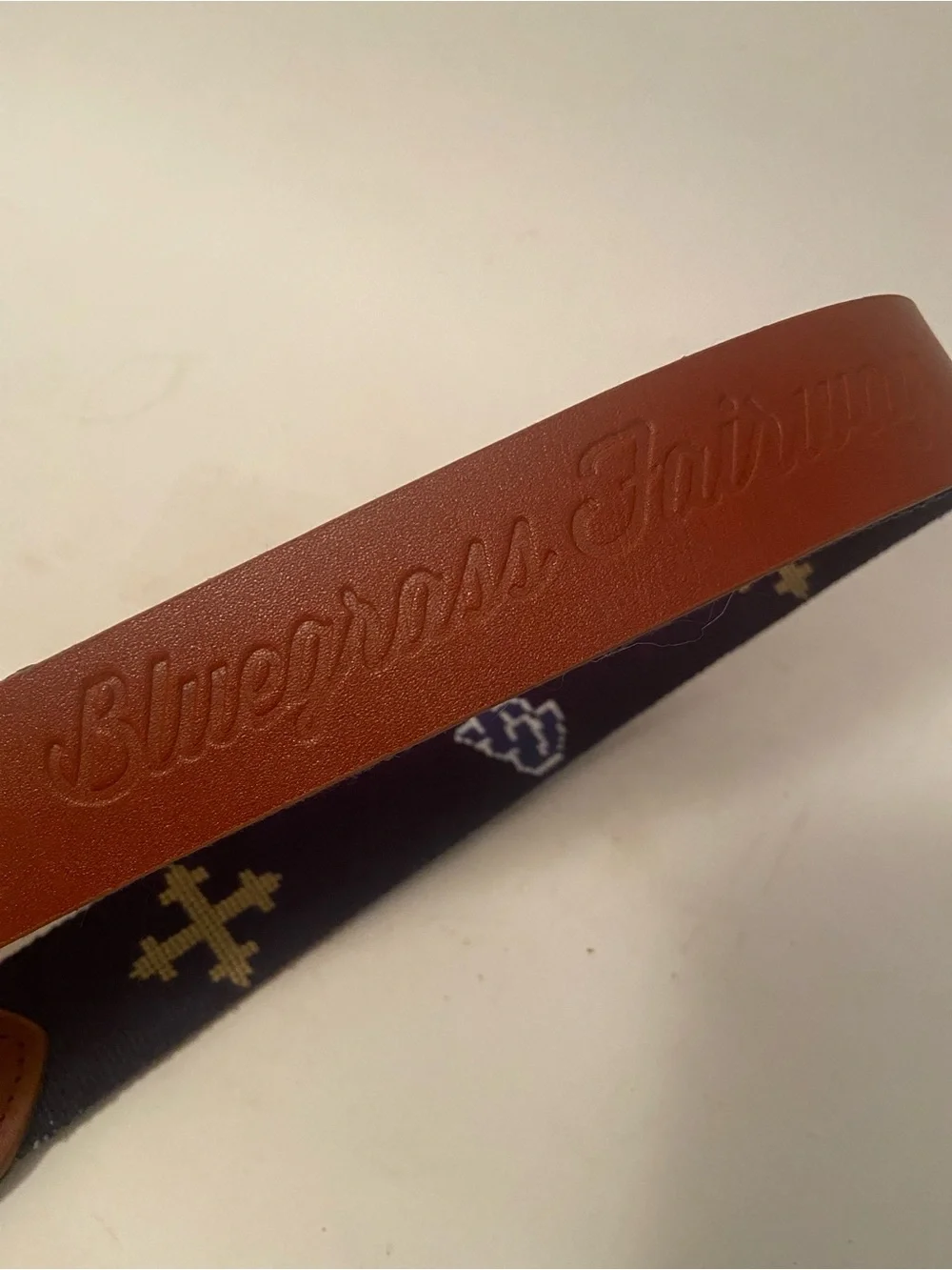 Bluegrass Fairway Navy Blue Custom Embroidered Images Canvas LeatherTrim Belt 35